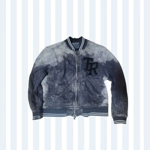 True Religion Black and Gray Washed Varsity Bomber Jacket